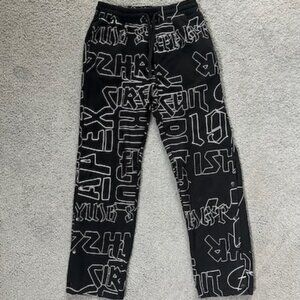Black All Over Embroidered Stitched Graphic Messaging Drawstring Joggers -Size S